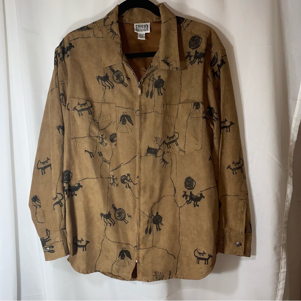 Chico's Design Tan Jacket with Black Print